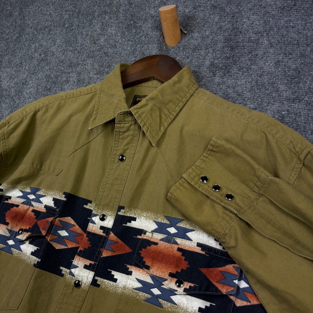Rustler Western Shirt Mens L Olive Green Aztec Southwestern Pearl Snap Wrangler